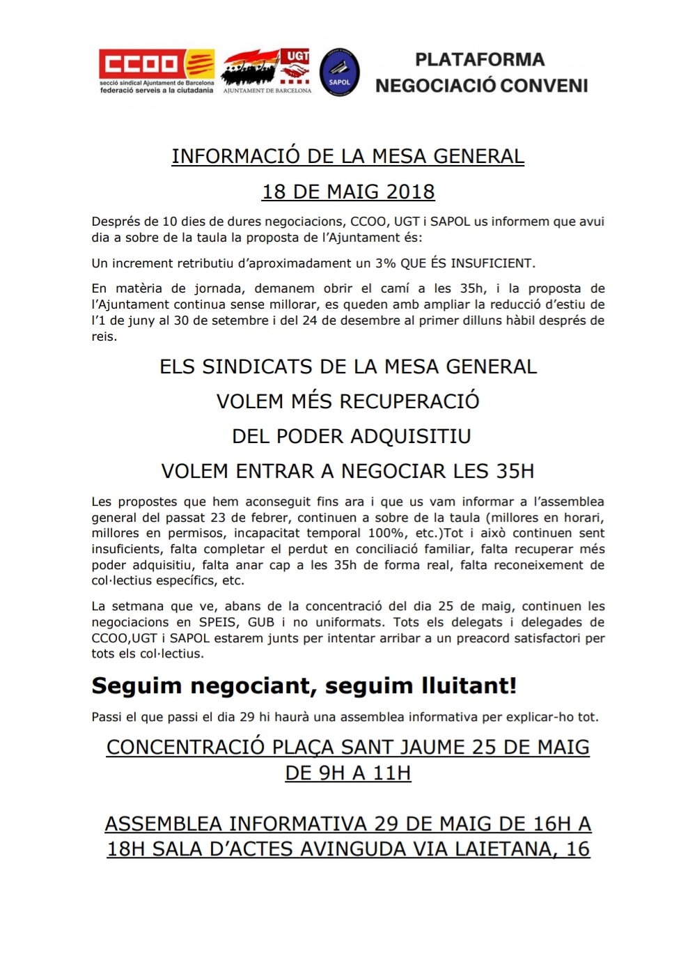 ATENCIÓ, informació de la mesa general del 18 de maig