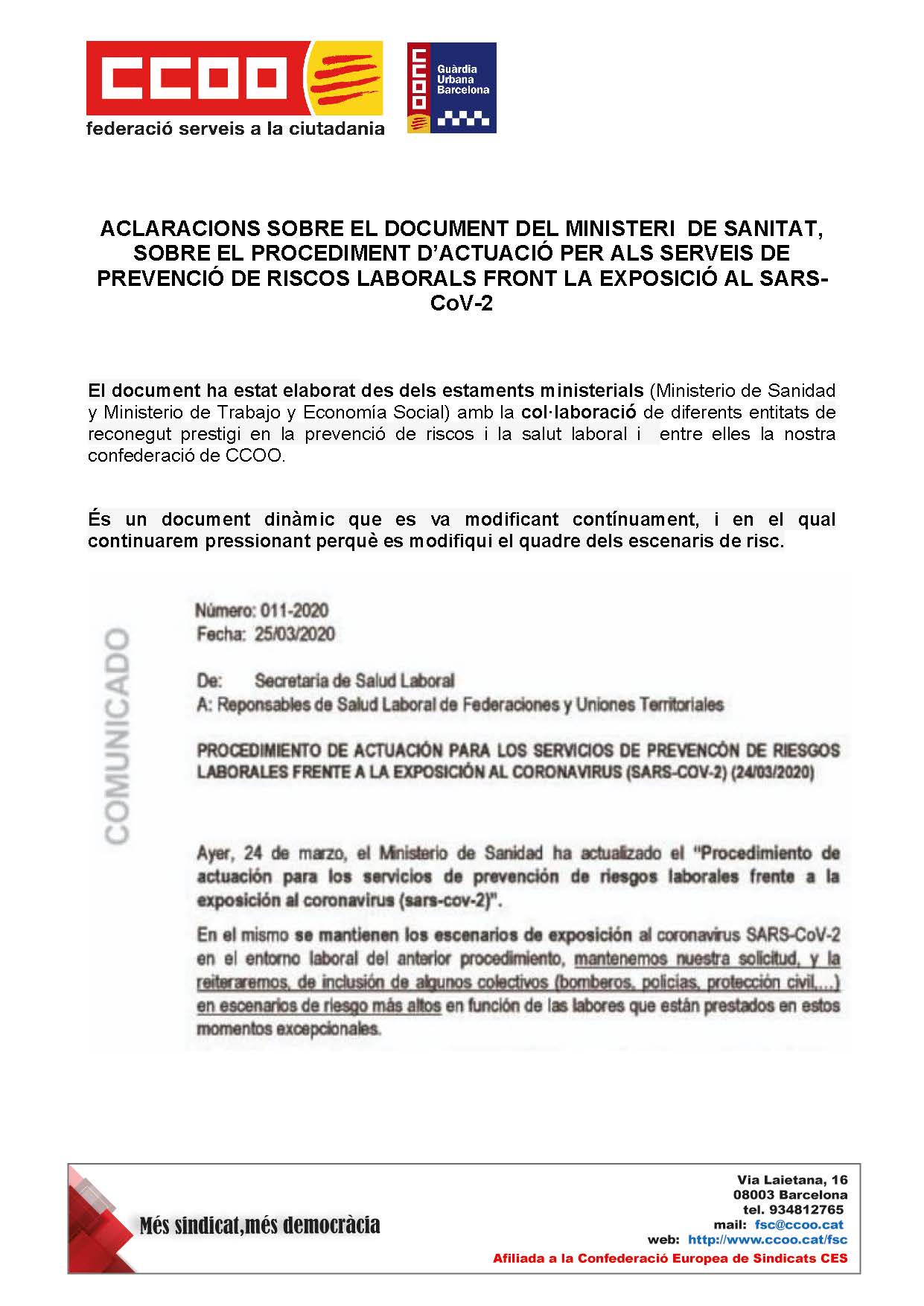 ACLARIMENTS SOBRE EL DOCUMENT DEL MINISTERI  DE SANITAT